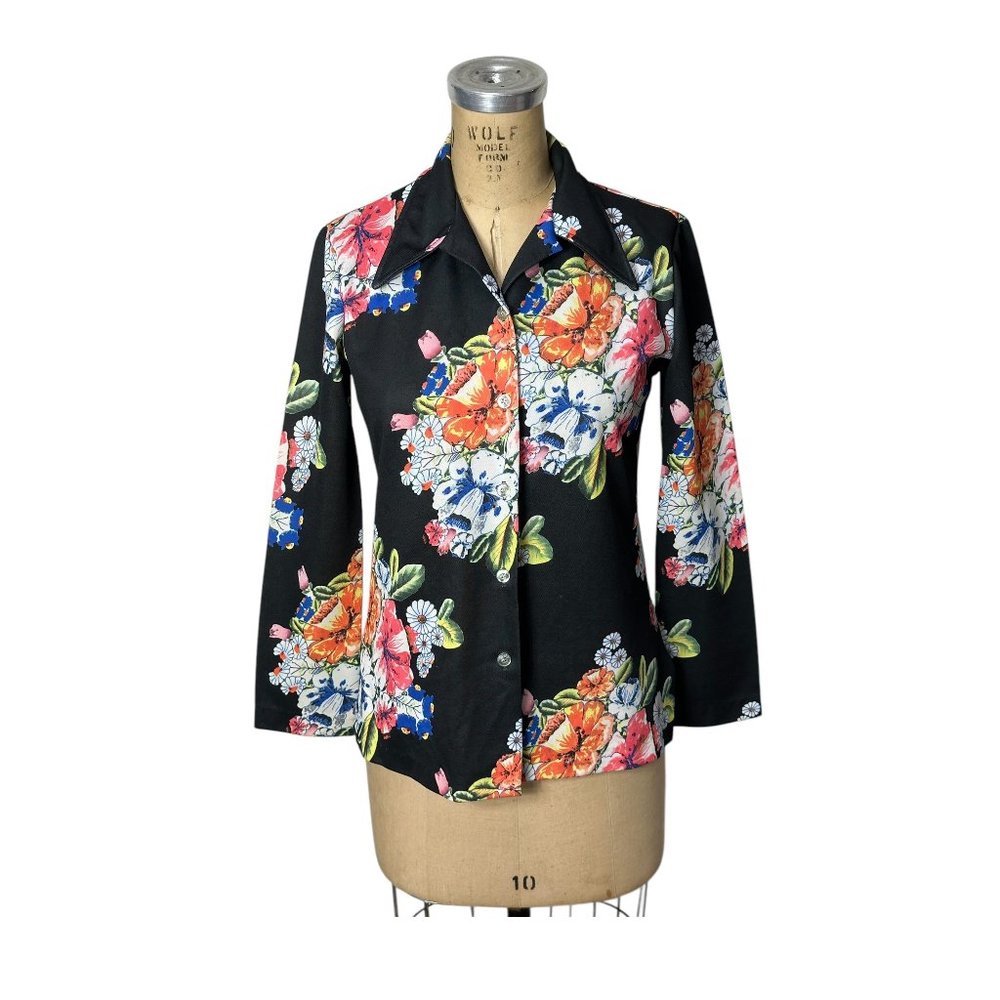 1970s black floral blouse by Nikki Size M